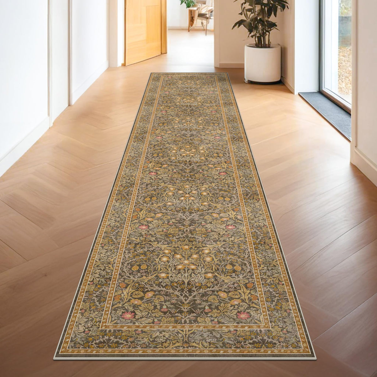 Floral Dark Green Washable Area Rugs 8x10, Vintage Living Room Rug