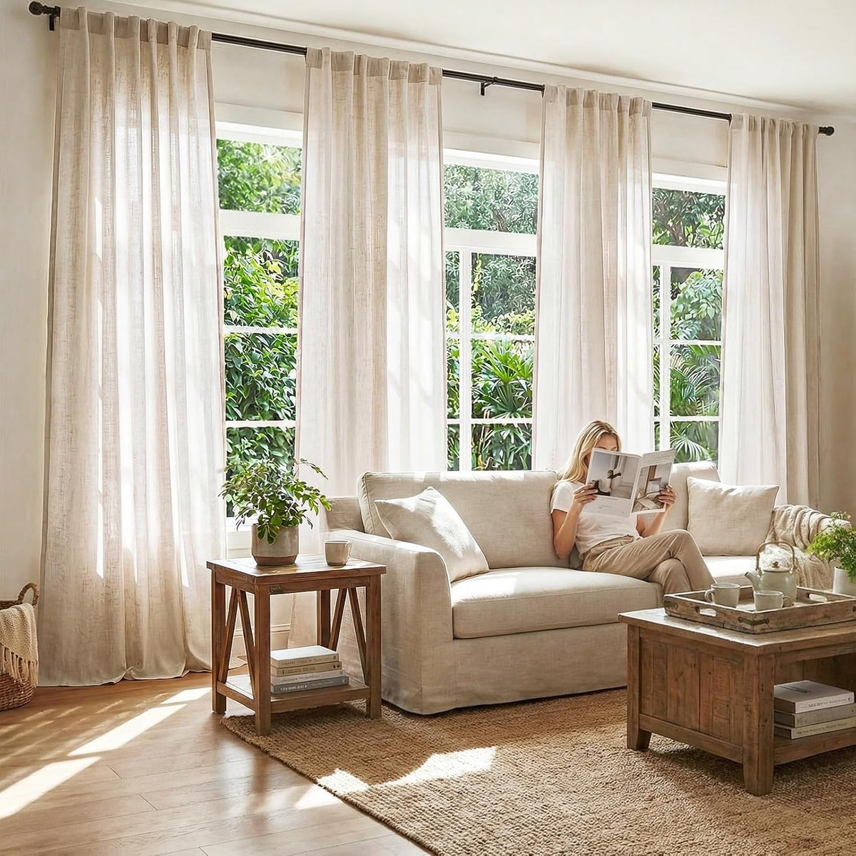 jinchan Linen Curtains Light Filtering Back Tab 50x96 Inch 2 Panels Beige