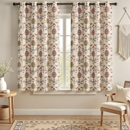 Boho Floral 100% Blackout Curtains 84 Inch 2 Panels Linen Texture