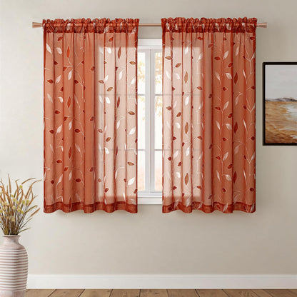 MIULEE Sage Green Sheer Curtains 2 Panels Leaf Patterned, W52 x L84