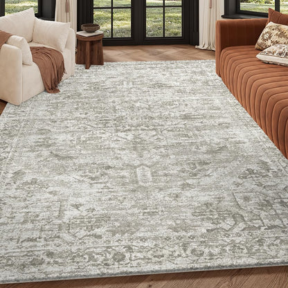 8x10 Pink Gray Washable Area Rug for Living Room, Vintage Print