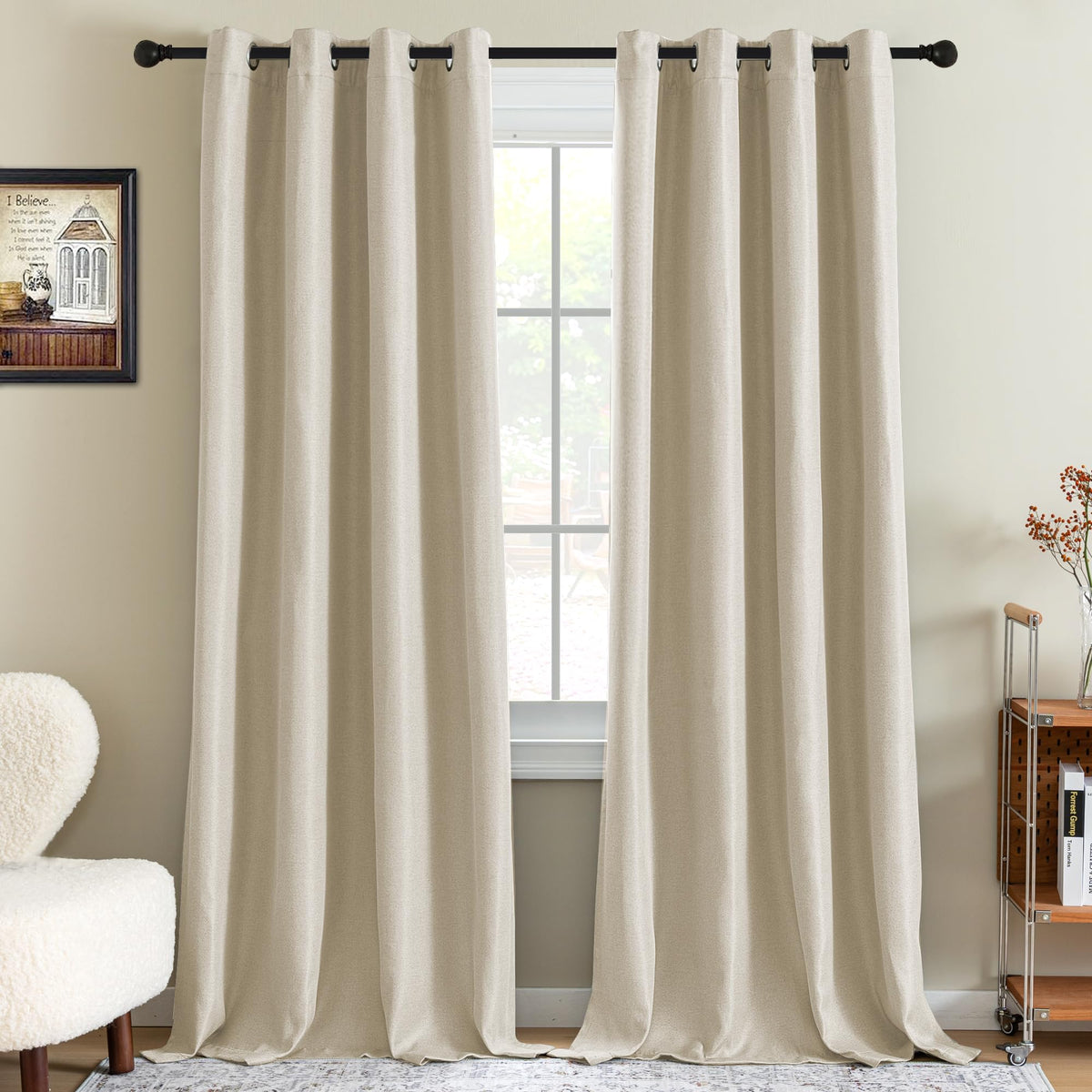 H.VERSAILTEX Linen Blackout Curtain 84 Inches Long for Bedroom/Living Room Thermal Insulated Grommet Linen Look Curtain Drapes Primitive Textured Burlap Effect Window Drapes 1 Panel - Heather Ivory