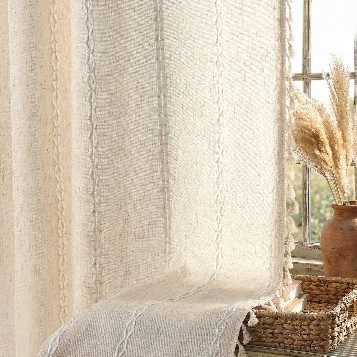 Boho 100% Blackout Curtains 84 Inch 2 Panels Linen Blend Beige