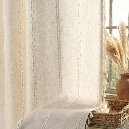 Boho 100% Blackout Curtains 84 Inch 2 Panels Linen Blend Beige
