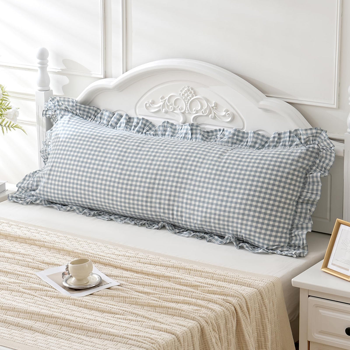 14x36 inches Sage Green Plaid Ruffle Lumbar Pillow Sham 1 Piece