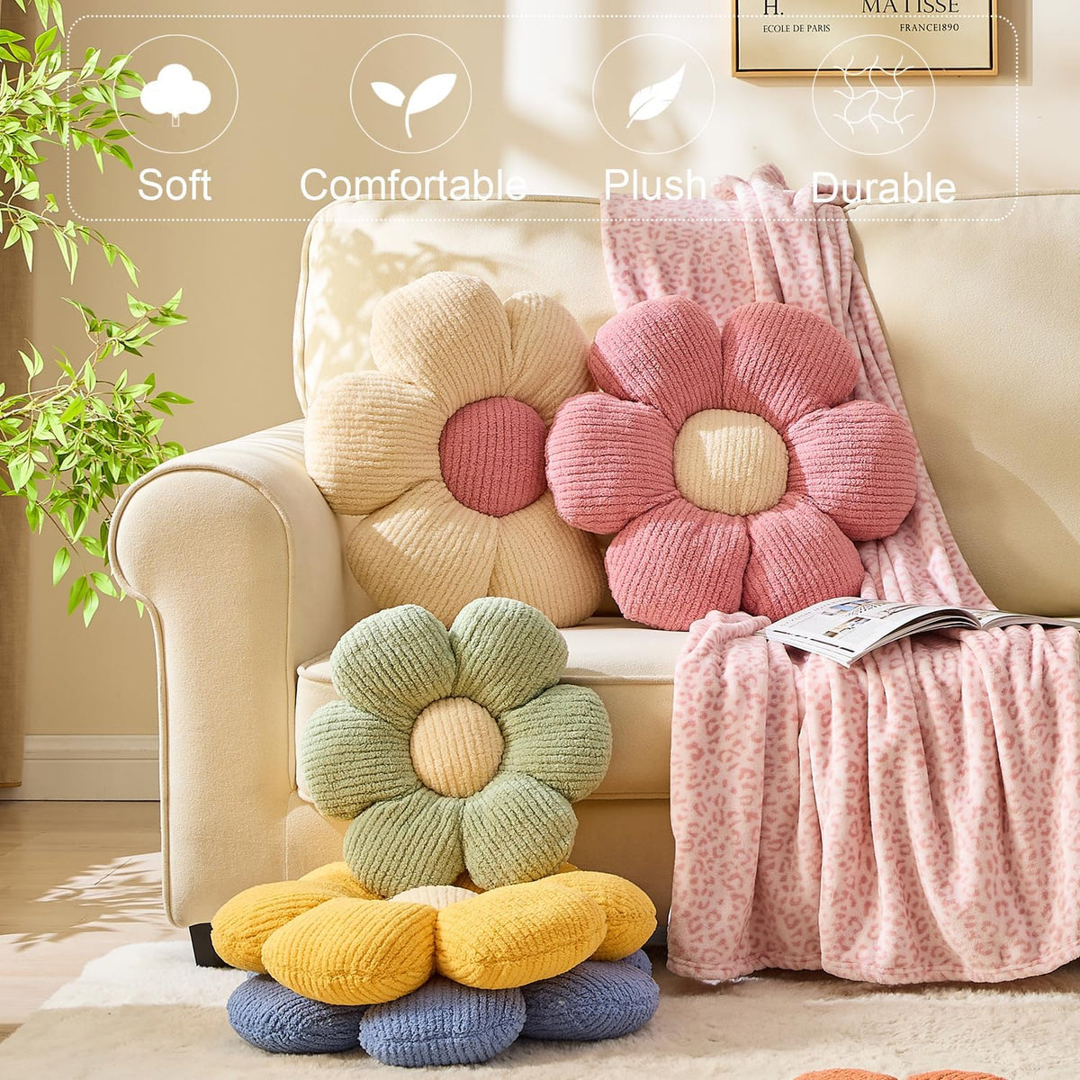 XIAIJIA 3PCS Flower Pillow, Daisy Throw Pillows, Flower Cushion 15.7 Inch