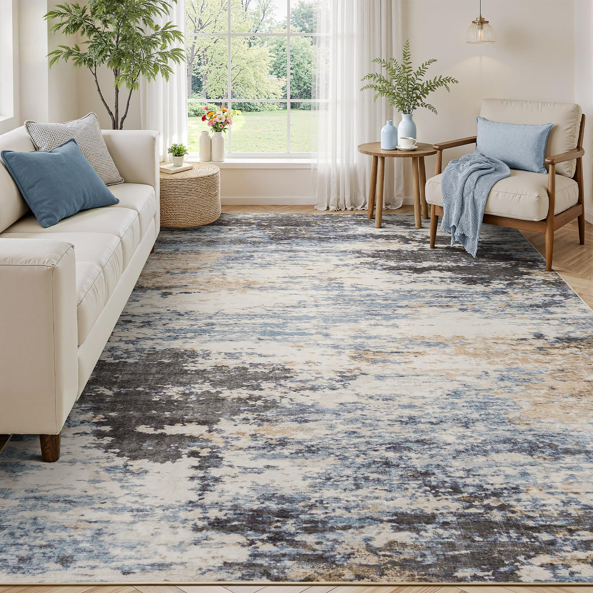 8x10 Area Rug for Living Room, Abstract Washable Non-Slip Large Rugs, Gold