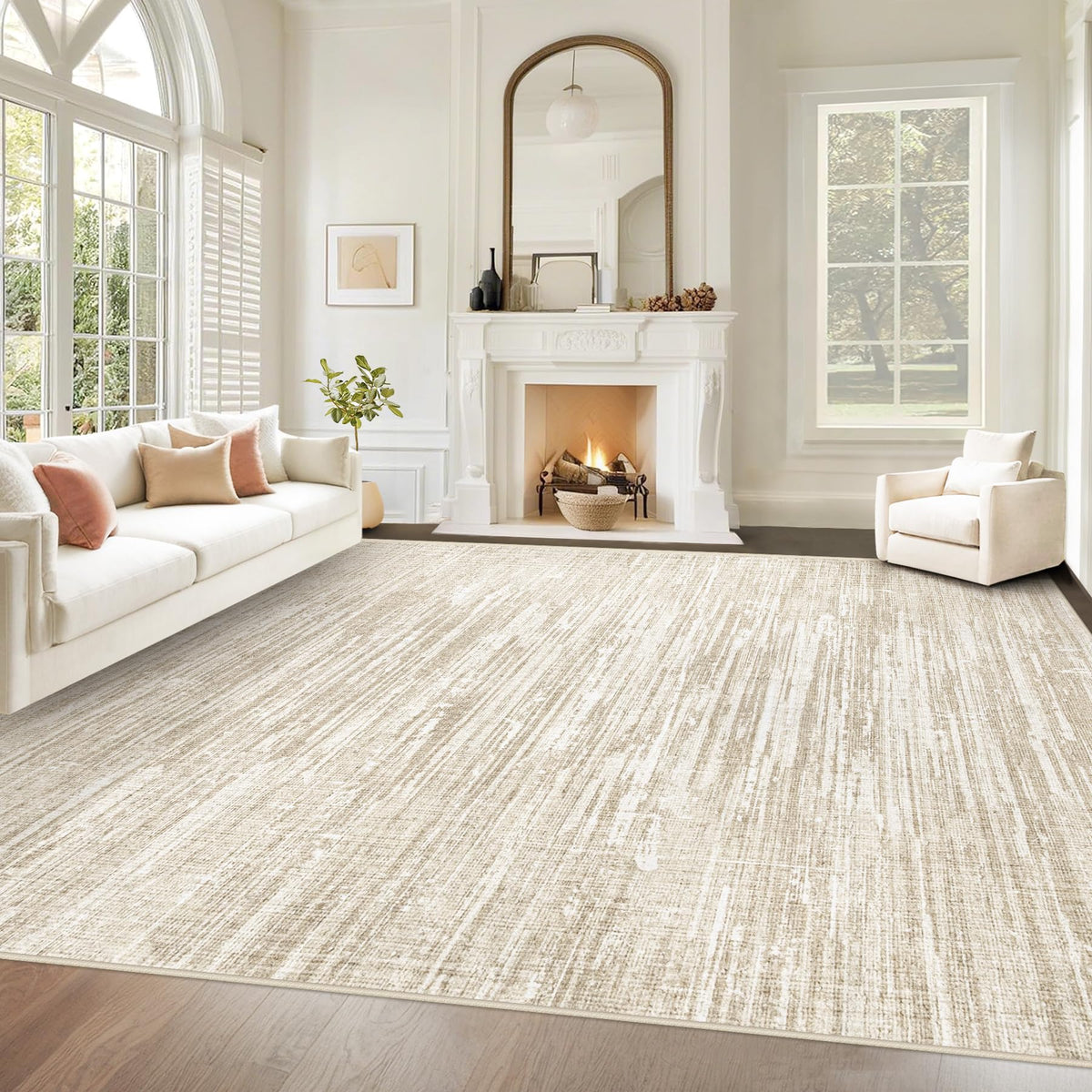 Living Room Rugs 8x10: Washable Moroccan Geometric Boho Rug Farmhouse Non Slip Stain Resistant Large Rug Low Pile Soft Carpet for Bedroom Dining Room Children Room (Beige,8'x10')