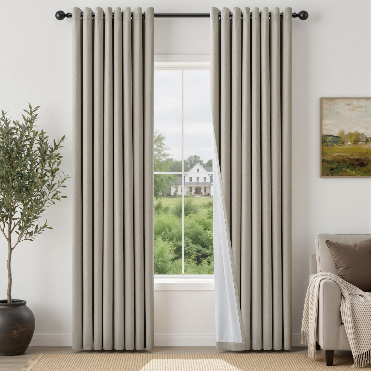 Natural Ivory 100% Blackout Grommet Linen Curtains 90 Inch Long 2 Panels