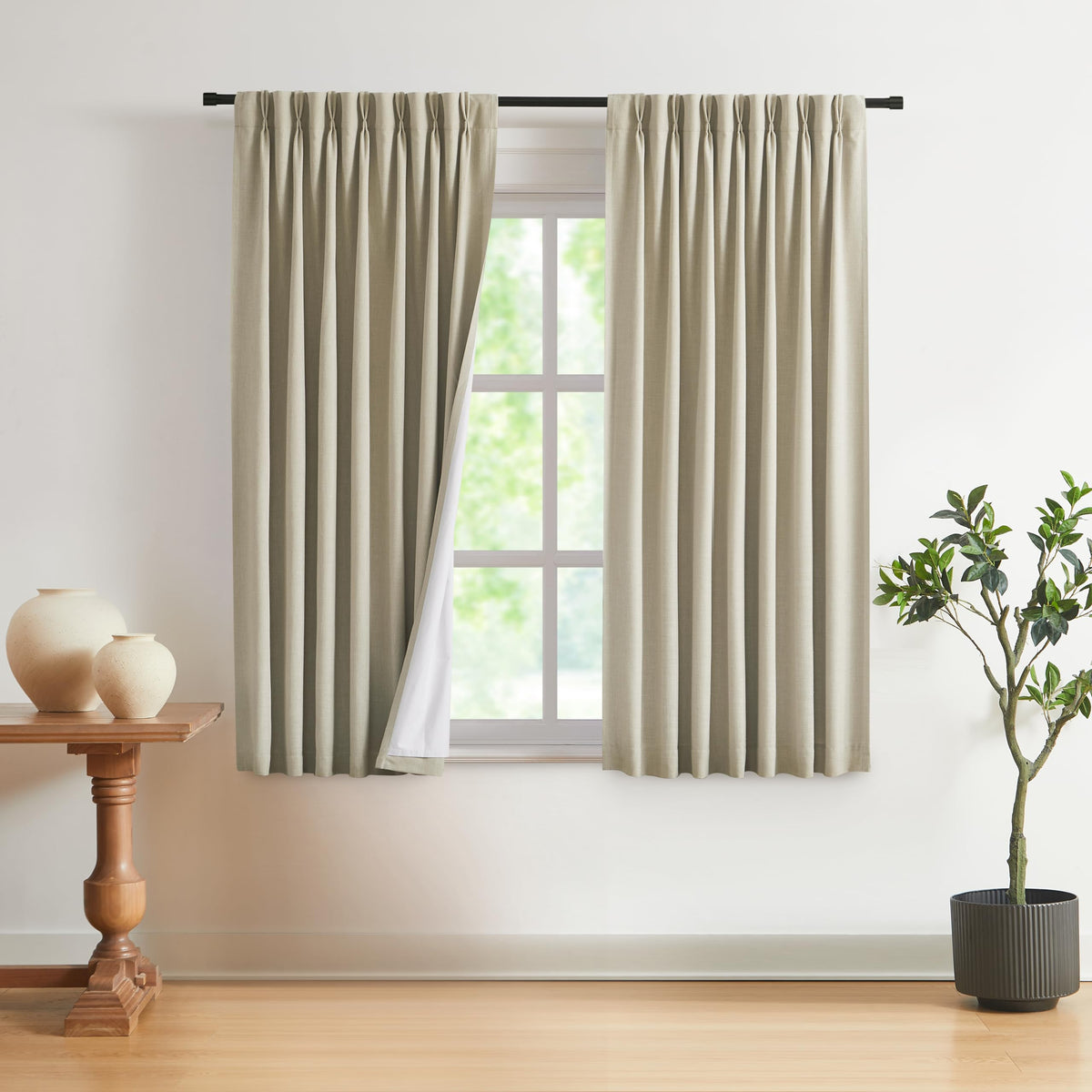 Vision Home Sand Pinch Pleated Full Blackout Curtains Linen Blended Room Darkening Window Curtains 95 inch for Living Room Bedroom Thermal Insulated Pinch Pleat Drapes with Hooks 2 Panel 40" Wx95 L