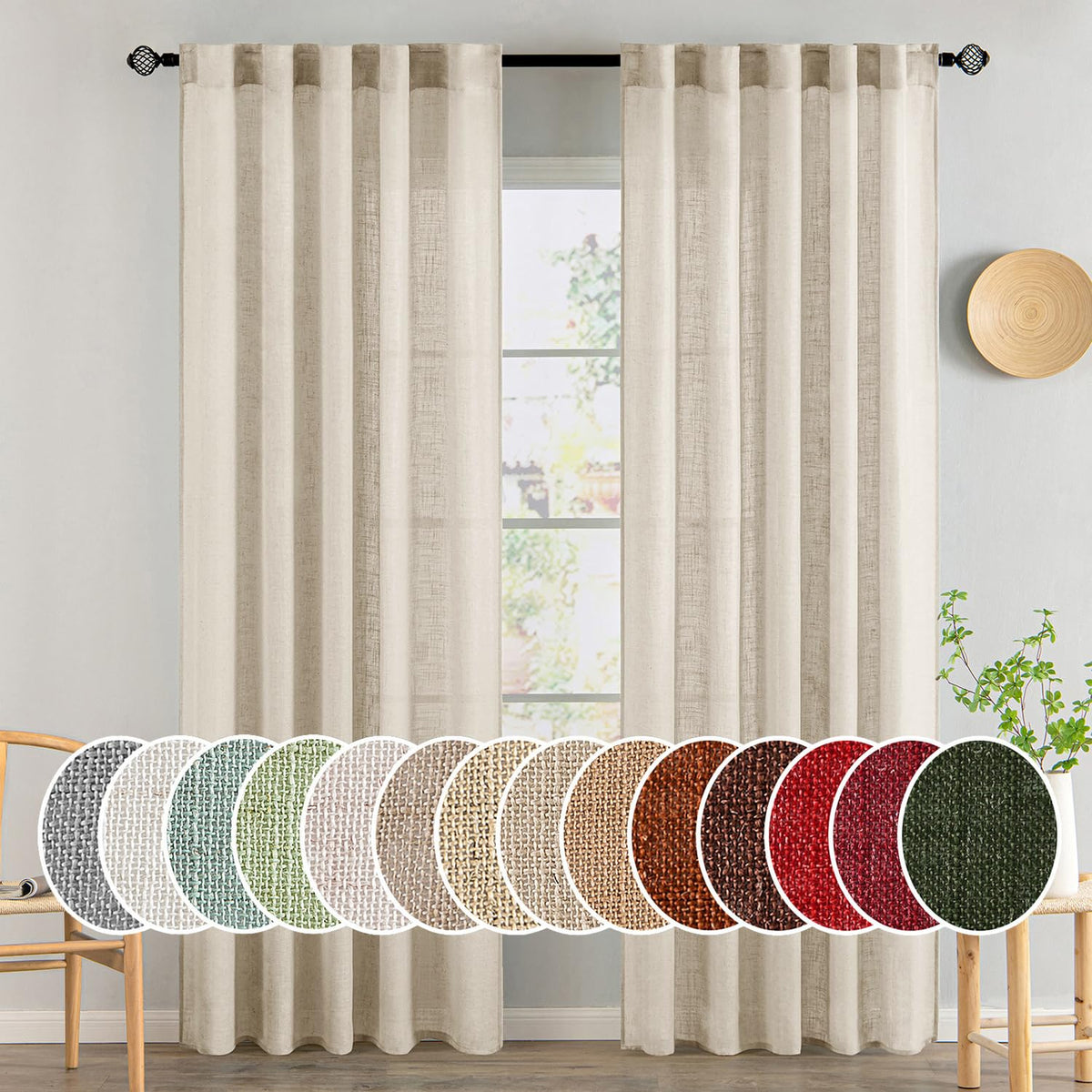 MIULEE Natural White Linen Curtains 52x84 Inch Long for Bedroom Living Room