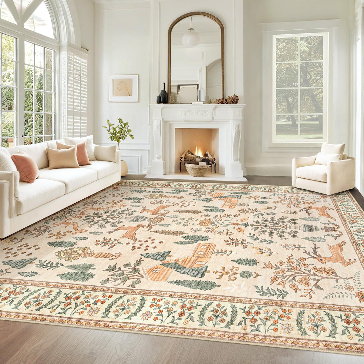 Living Room Rugs 8x10: Washable Moroccan Geometric Boho Rug Farmhouse Non Slip Stain Resistant Large Rug Low Pile Soft Carpet for Bedroom Dining Room Children Room (Beige,8'x10')