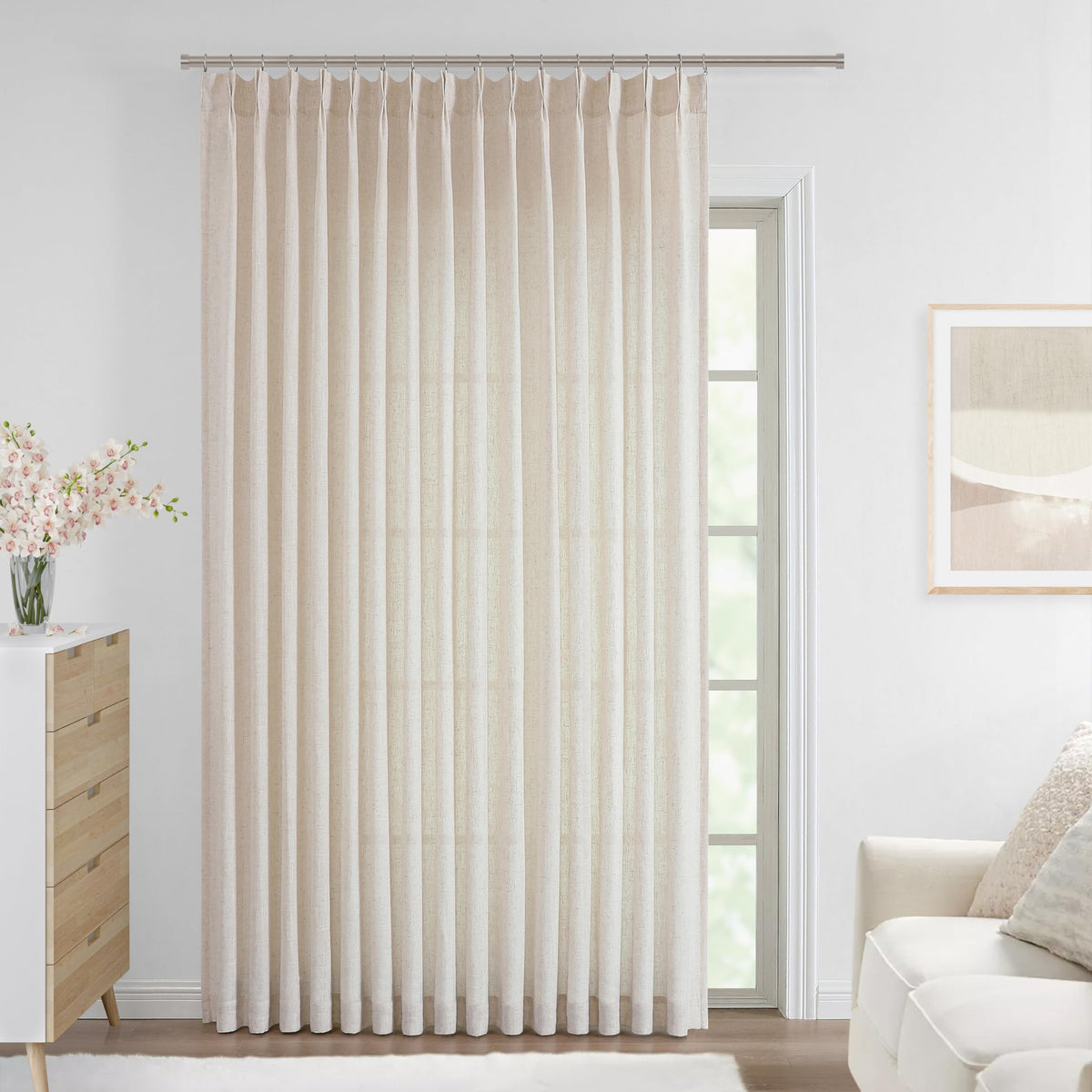 Vision Home Natural Linen Pinch Pleated Semi Sheer Curtains 42Wx90Lx2