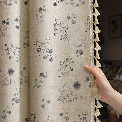 Boho Floral 100% Blackout Curtains 84 Inch 2 Panels Linen Texture