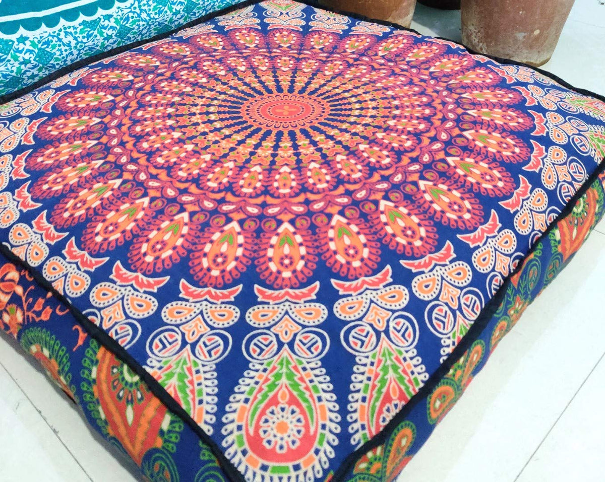 24" Black Gold Flower Mandala Barmeri Large Floor Pillow Cover Cushion Meditation Seating Ottoman Throw Cover Hippie Decorative Zipped Bohemian Pouf Ottoman Pom Pom Cases 24 " square