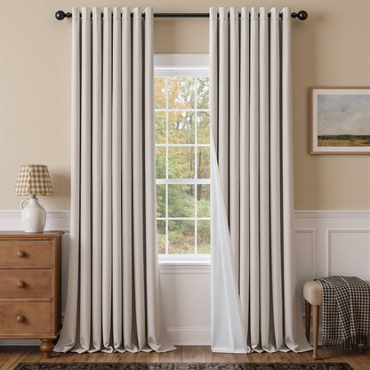 Natural Ivory 100% Blackout Grommet Linen Curtains 90 Inch Long 2 Panels
