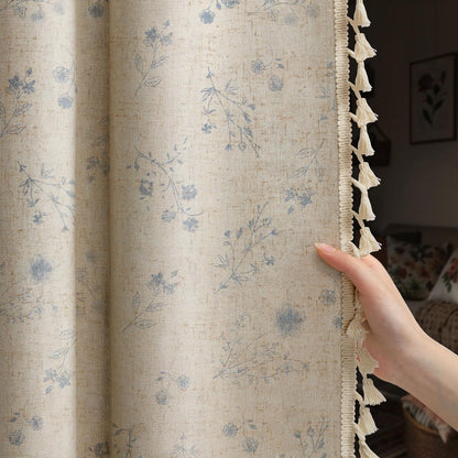 Boho Floral 100% Blackout Curtains 84 Inch 2 Panels Linen Texture