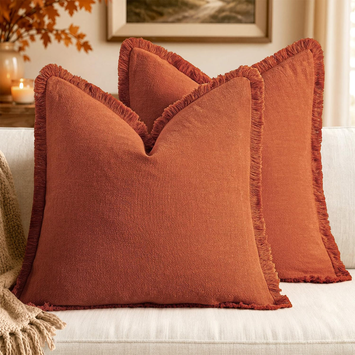 MIULEE Linen Fringe Decorative Fall Throw Pillow Covers Cocoa Brown 18x18