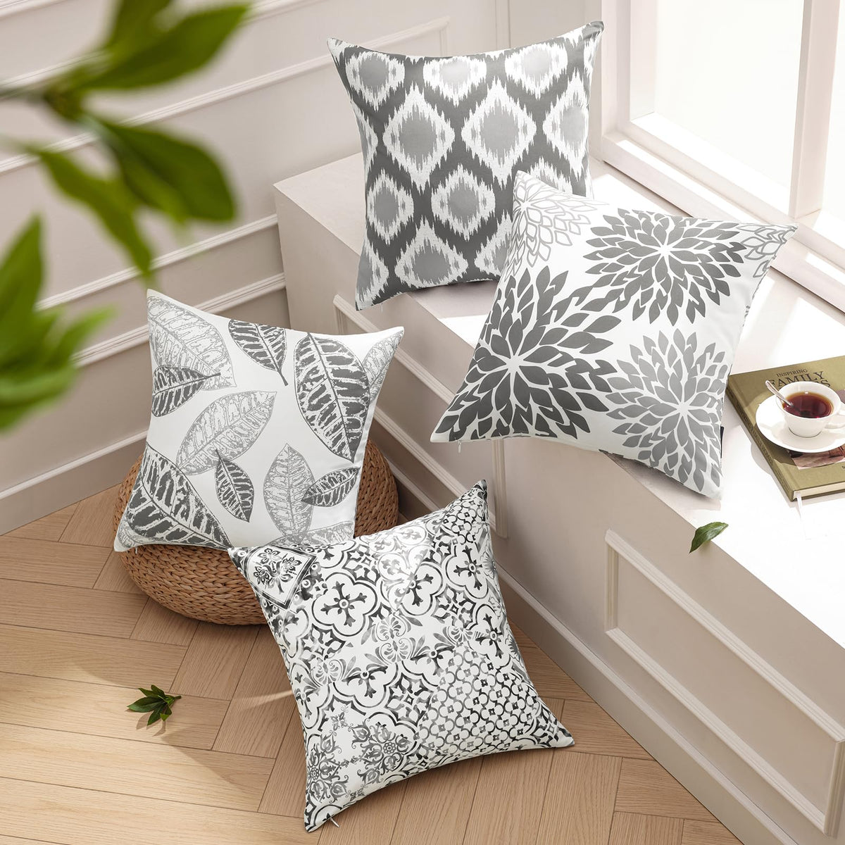 Phantoscope Set of 4 New Living Series Fall Leaf Geometric Coffee Throw Decorative Pillow Cover Cushion Cover 18 x 18 inches 45 x 45 cm