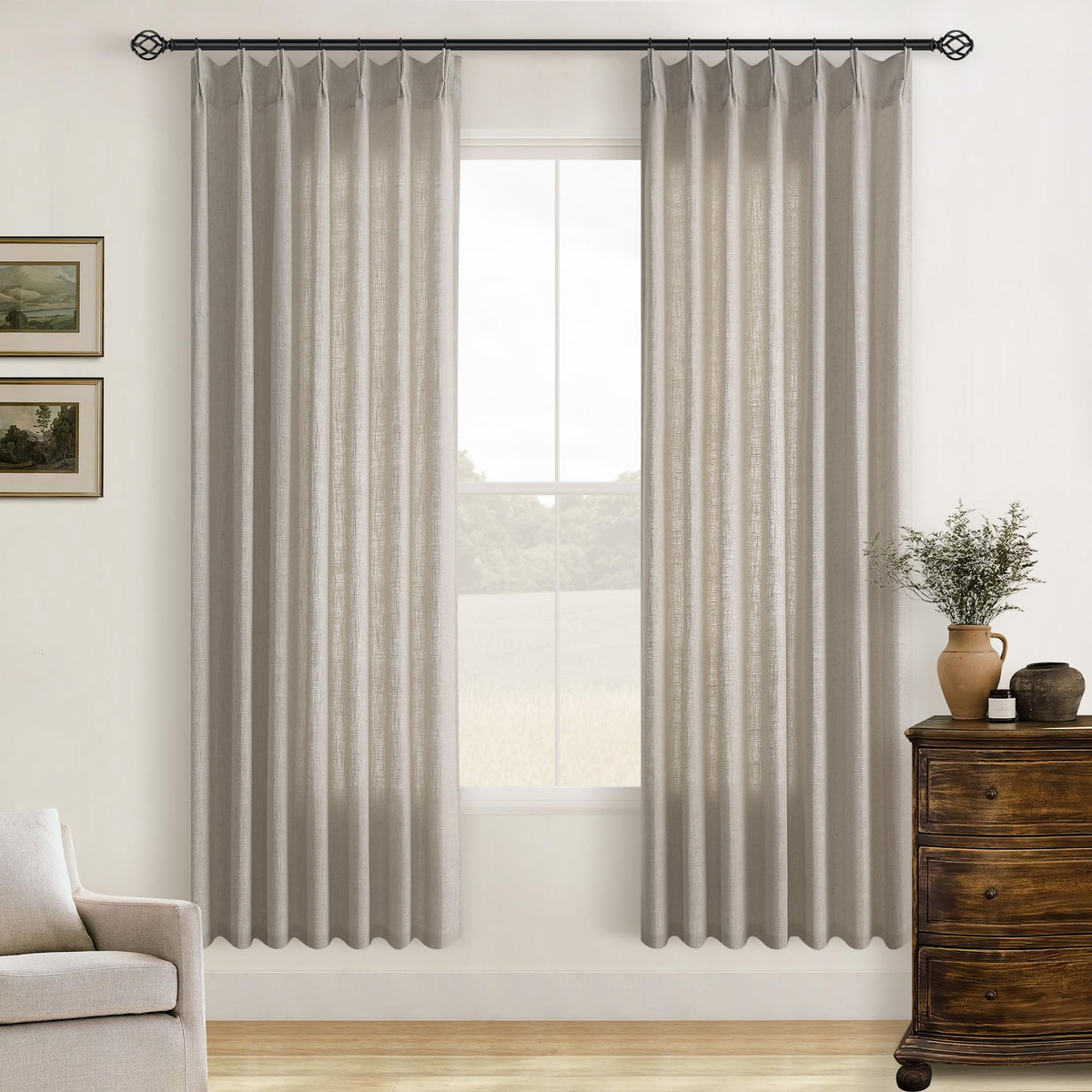 TWODRAPES Natural Pinch Pleated Linen Semi Sheer 84 Inch Curtains 2 Panels