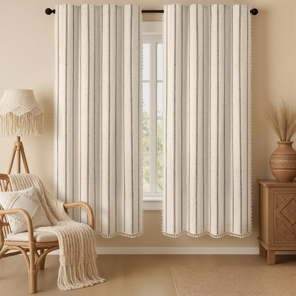 Boho 100% Blackout Curtains 84 Inch 2 Panels Linen Blend Beige