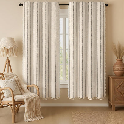 Boho 100% Blackout Curtains 84 Inch 2 Panels Linen Blend Beige