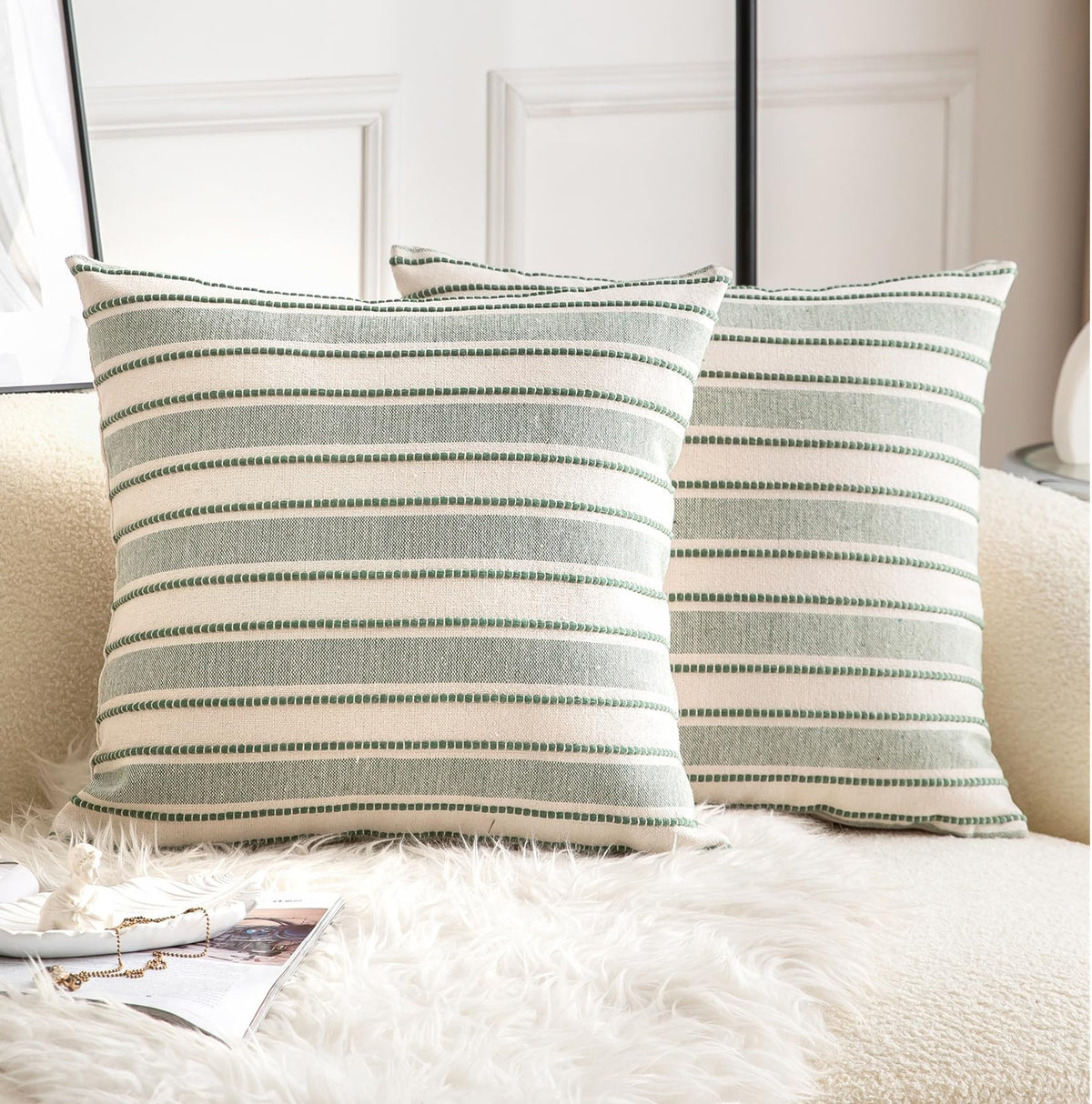 Cethom Decorative Boho Throw Pillow Covers, Farmhouse Textured Pillow Case, 18 x 18 Inch Set of 2, Chair Sofa Bedroom Living Room Home Decor Couch Cushion Case, Classic Blue and Beige Striped