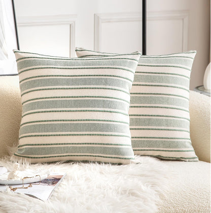 Cethom Decorative Boho Throw Pillow Covers, Farmhouse Textured Pillow Case, 18 x 18 Inch Set of 2, Chair Sofa Bedroom Living Room Home Decor Couch Cushion Case, Classic Blue and Beige Striped
