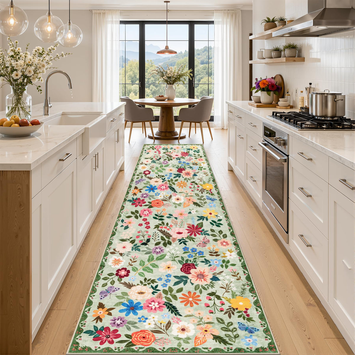 PLHXFR 8x10 Area Rug Living Room: Floral Washable Boho Carpet Dark Green