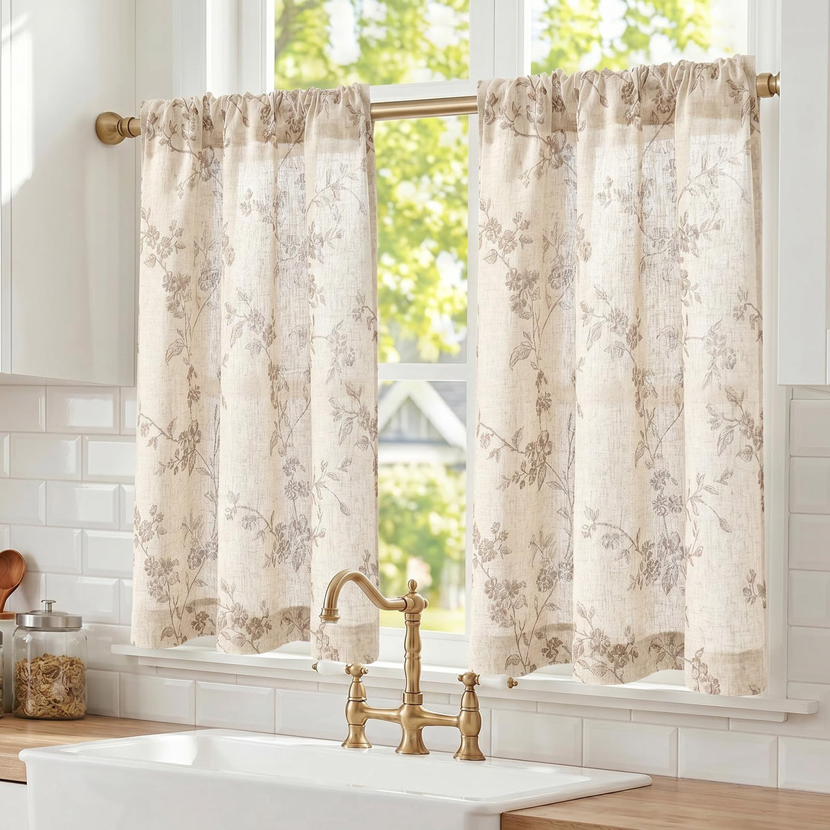 Lazzzy Taupe Vintage Floral Linen Curtains Farmhouse 50W X 84L 2 Panels