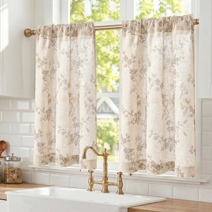 Lazzzy Taupe Vintage Floral Linen Curtains Farmhouse 50W X 84L 2 Panels