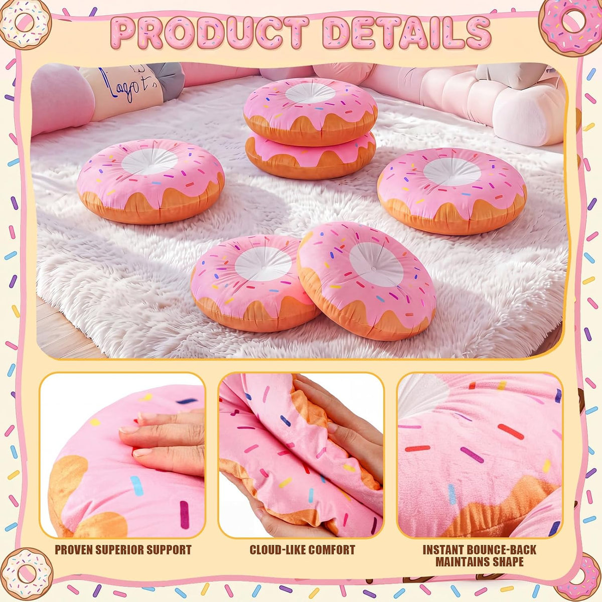 6 Pcs 13.78" Pink Donut Floor Pillow, for Donut Birthday Party Decor