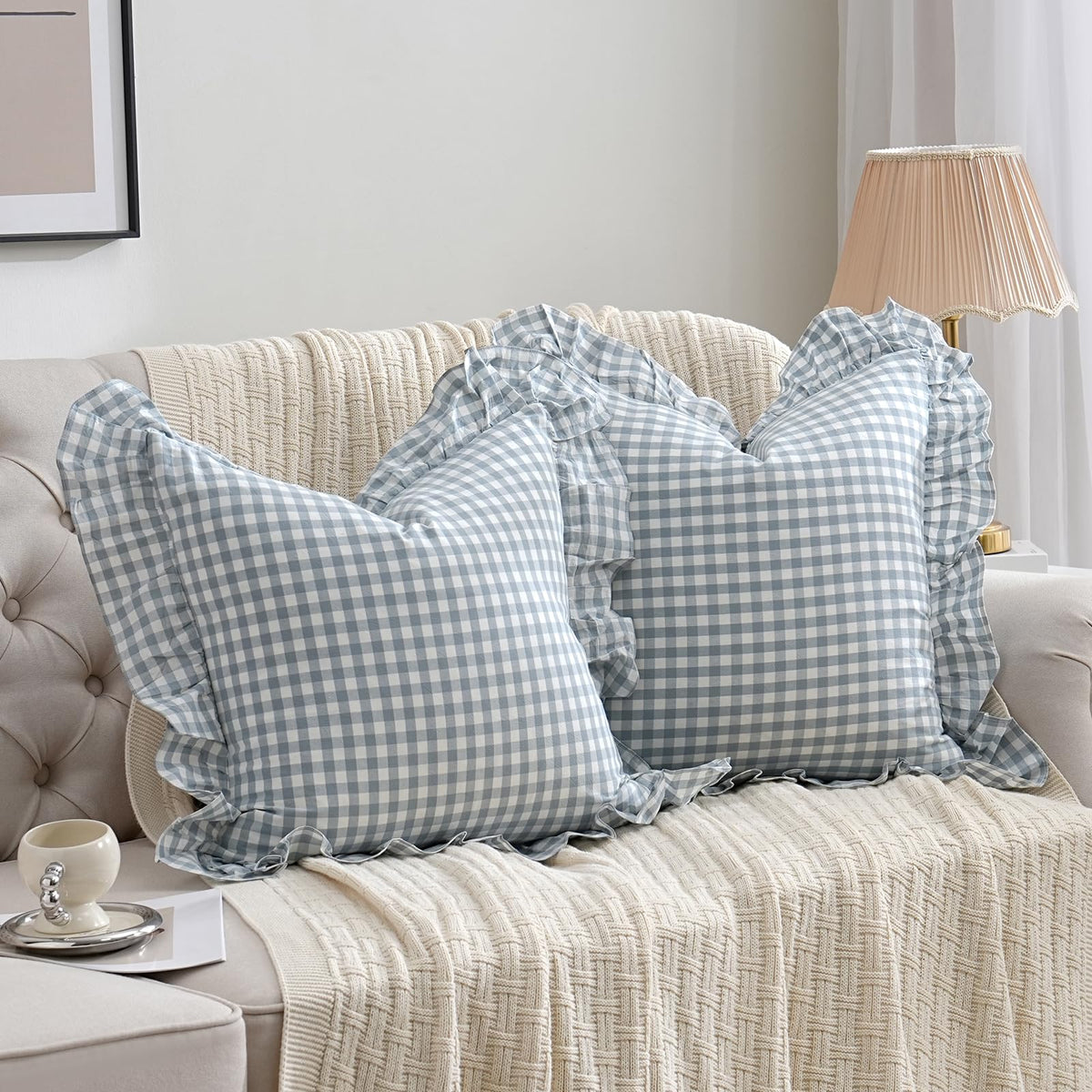 14x36 inches Sage Green Plaid Ruffle Lumbar Pillow Sham 1 Piece