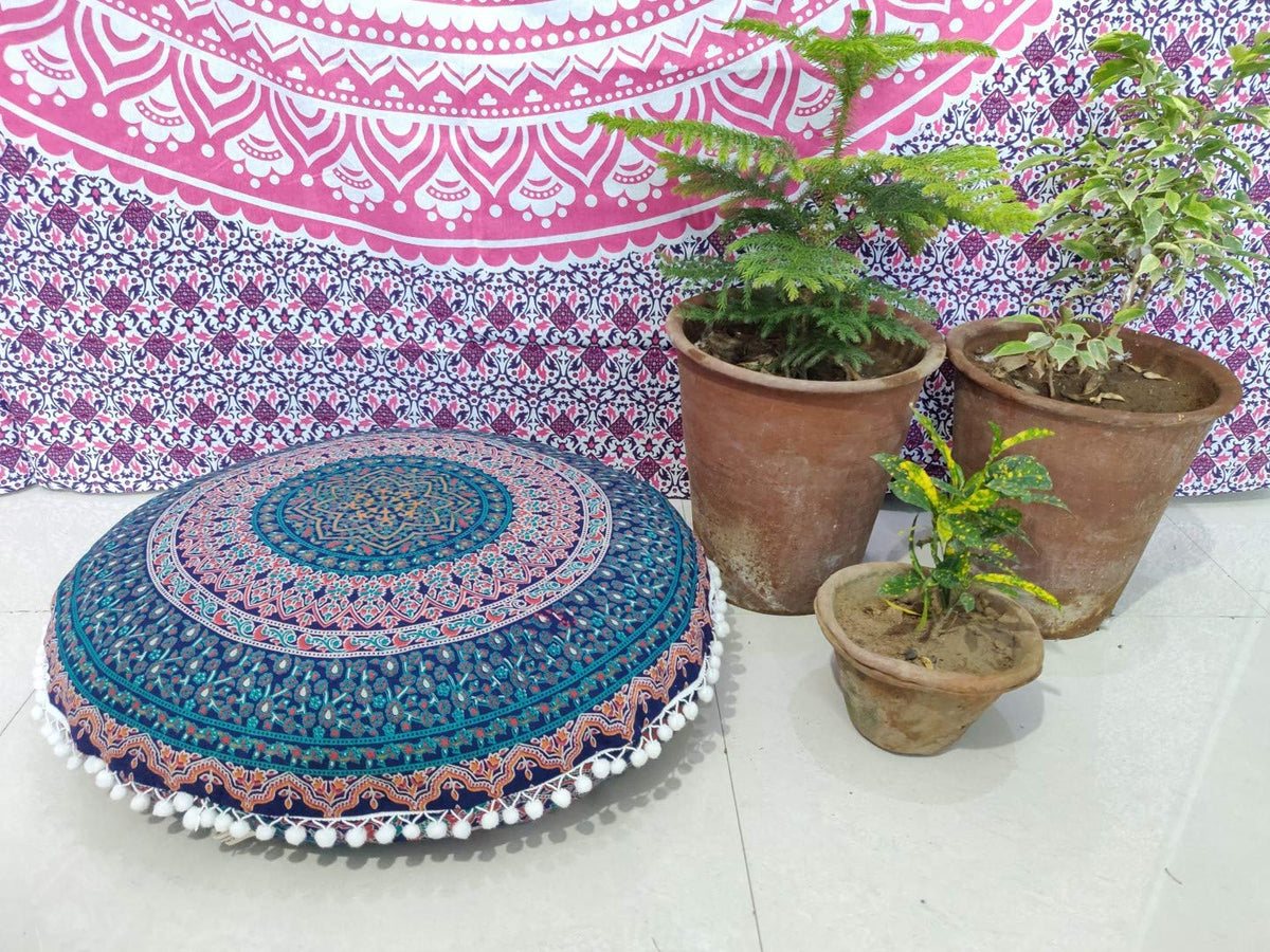 24" Black Gold Flower Mandala Barmeri Large Floor Pillow Cover Cushion Meditation Seating Ottoman Throw Cover Hippie Decorative Zipped Bohemian Pouf Ottoman Pom Pom Cases 24 " square