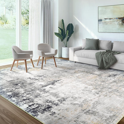Washable Area Rug for Living Room: 9x12 Modern Abstract Neutral Soft Rug for Bedroom Dining Room No Slip Low Pile Carpet for Nursery Home Office - Grey/Blue