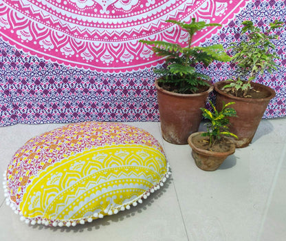24" Black Gold Flower Mandala Barmeri Large Floor Pillow Cover Cushion Meditation Seating Ottoman Throw Cover Hippie Decorative Zipped Bohemian Pouf Ottoman Pom Pom Cases 24 " square