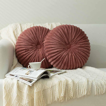 HIG Set of 2 Beige Velvet Decorative Round Pleated Throw Pillows