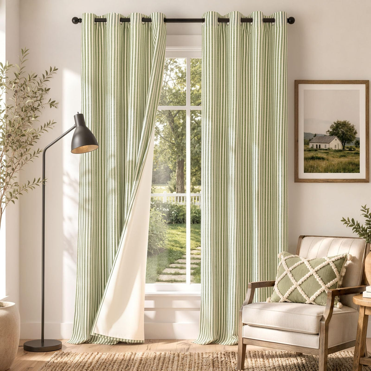 Vangao Linen Curtains for Living Room, Striped Blue Curtains 84L, 2 Panels