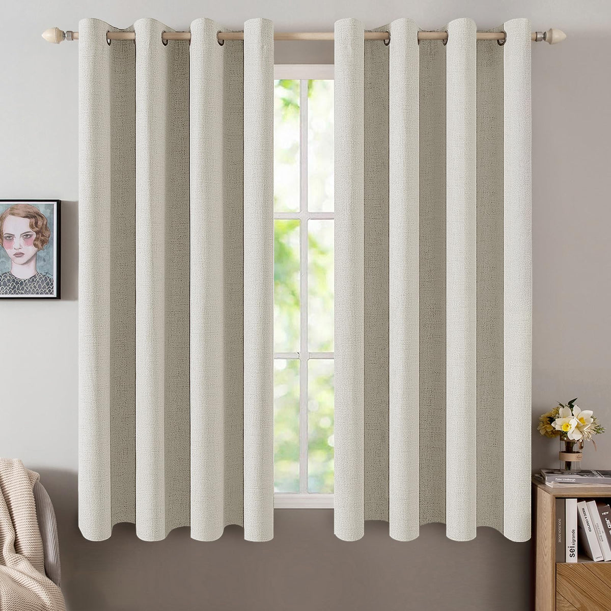 MIULEE 100% Blackout Linen Curtains for Bedroom 52x84 Inches Natural Beige