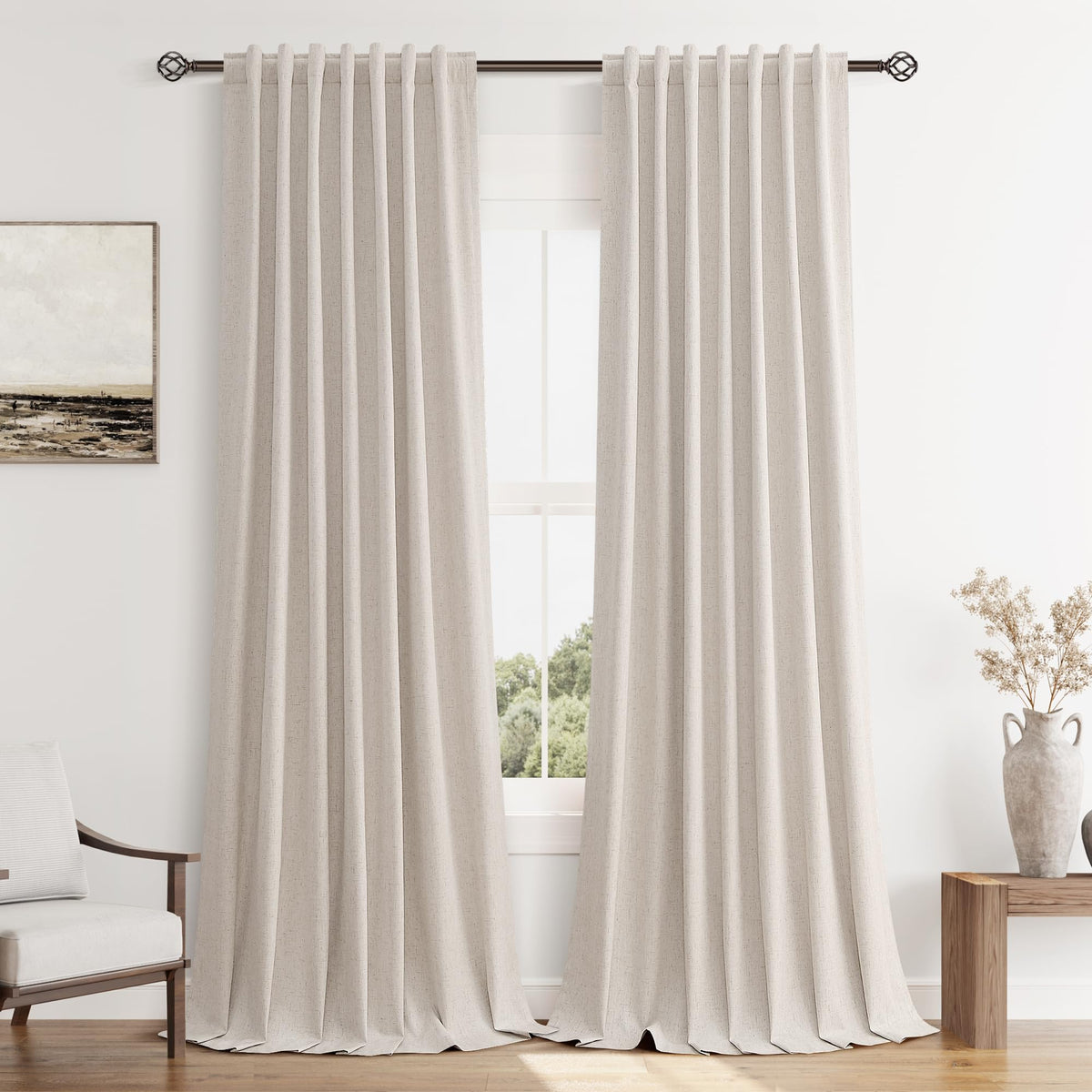 Guken Cream Linen Blackout Curtains 84 Inch Length 2 Panels Set for Living Room Bedroom Back Tab Thermal Insulated 100% Black Out Drapes Room Darkening Window Curtain Ivory Natural Beige