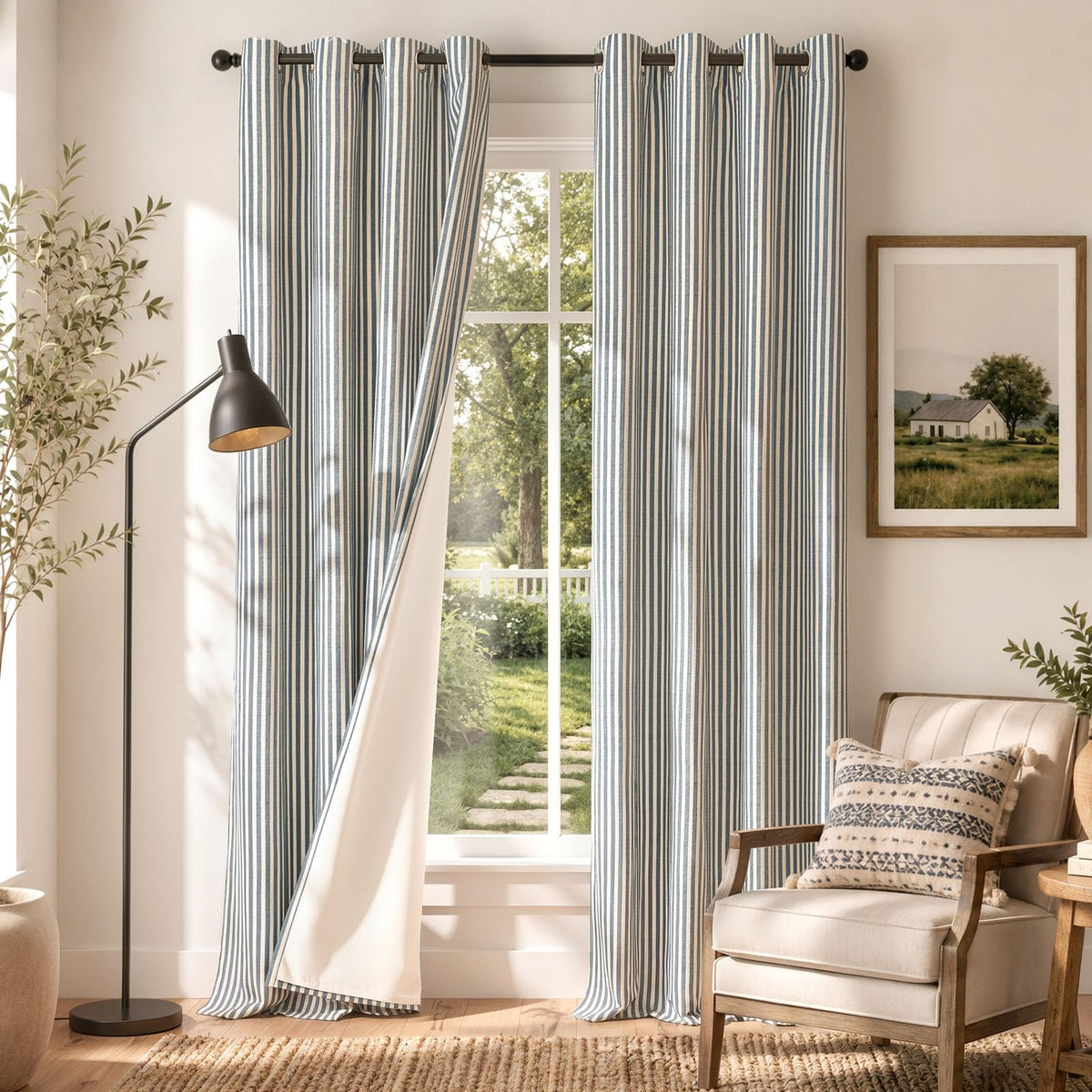 Vangao Linen Curtains for Living Room, Striped Blue Curtains 84L, 2 Panels