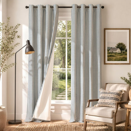 Vangao Linen Curtains for Living Room, Striped Blue Curtains 84L, 2 Panels