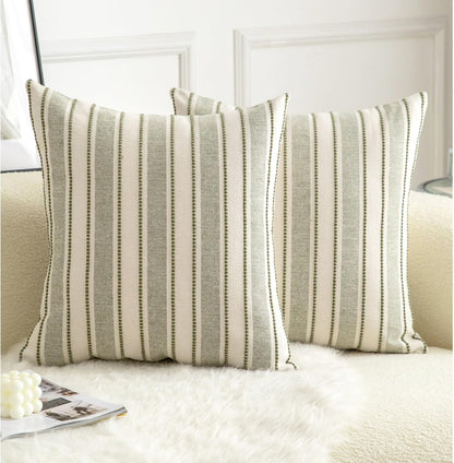 Cethom Decorative Boho Throw Pillow Covers, Farmhouse Textured Pillow Case, 18 x 18 Inch Set of 2, Chair Sofa Bedroom Living Room Home Decor Couch Cushion Case, Classic Blue and Beige Striped
