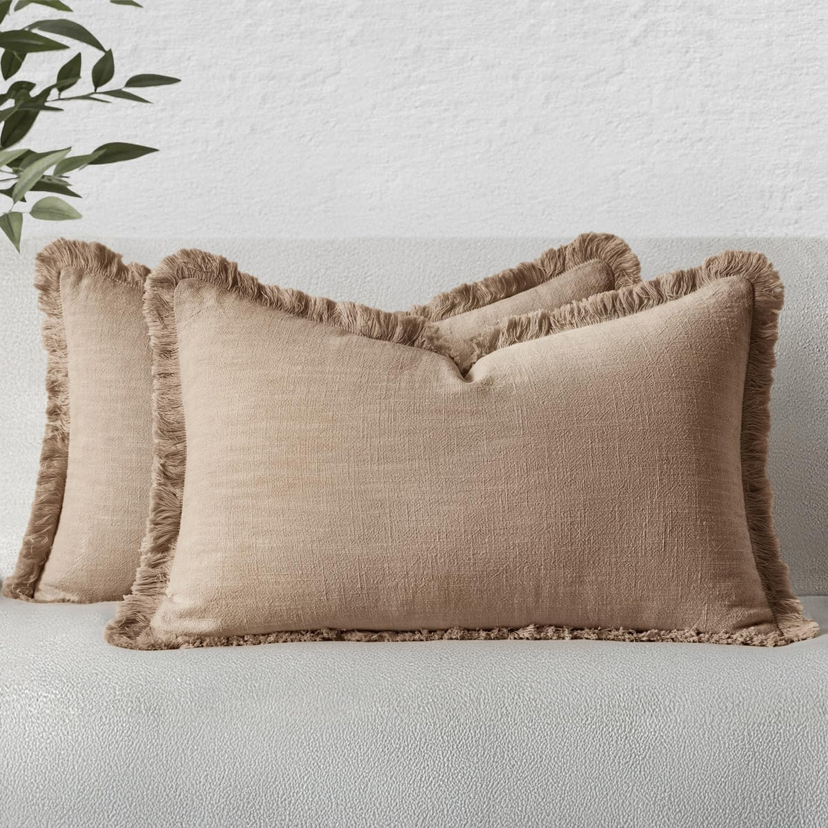 MIULEE Linen Fringe Decorative Fall Throw Pillow Covers Cocoa Brown 18x18