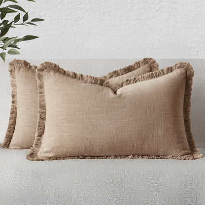 MIULEE Linen Fringe Decorative Fall Throw Pillow Covers Cocoa Brown 18x18