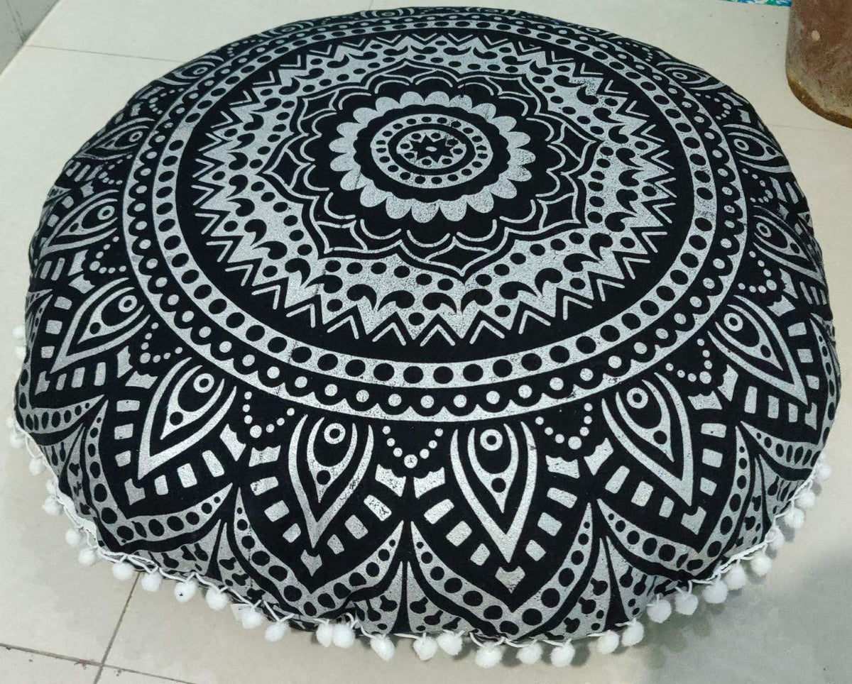 24" Black Gold Flower Mandala Barmeri Large Floor Pillow Cover Cushion Meditation Seating Ottoman Throw Cover Hippie Decorative Zipped Bohemian Pouf Ottoman Pom Pom Cases 24 " square