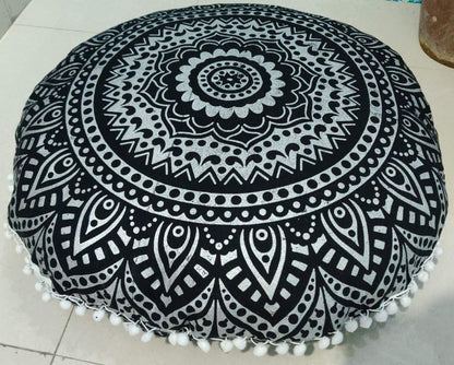 24" Black Gold Flower Mandala Barmeri Large Floor Pillow Cover Cushion Meditation Seating Ottoman Throw Cover Hippie Decorative Zipped Bohemian Pouf Ottoman Pom Pom Cases 24 " square