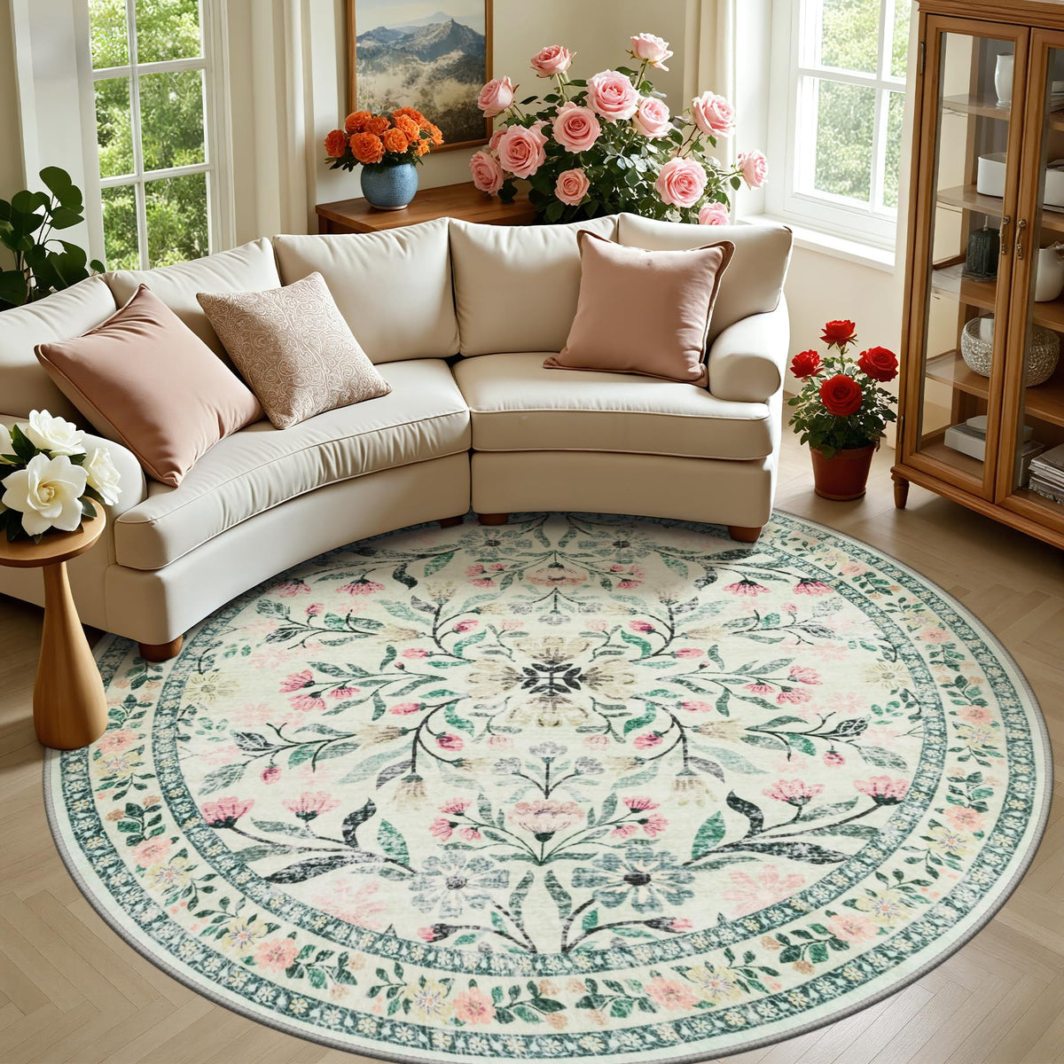 PLHXFR 8x10 Area Rug Living Room: Floral Washable Boho Carpet Dark Green
