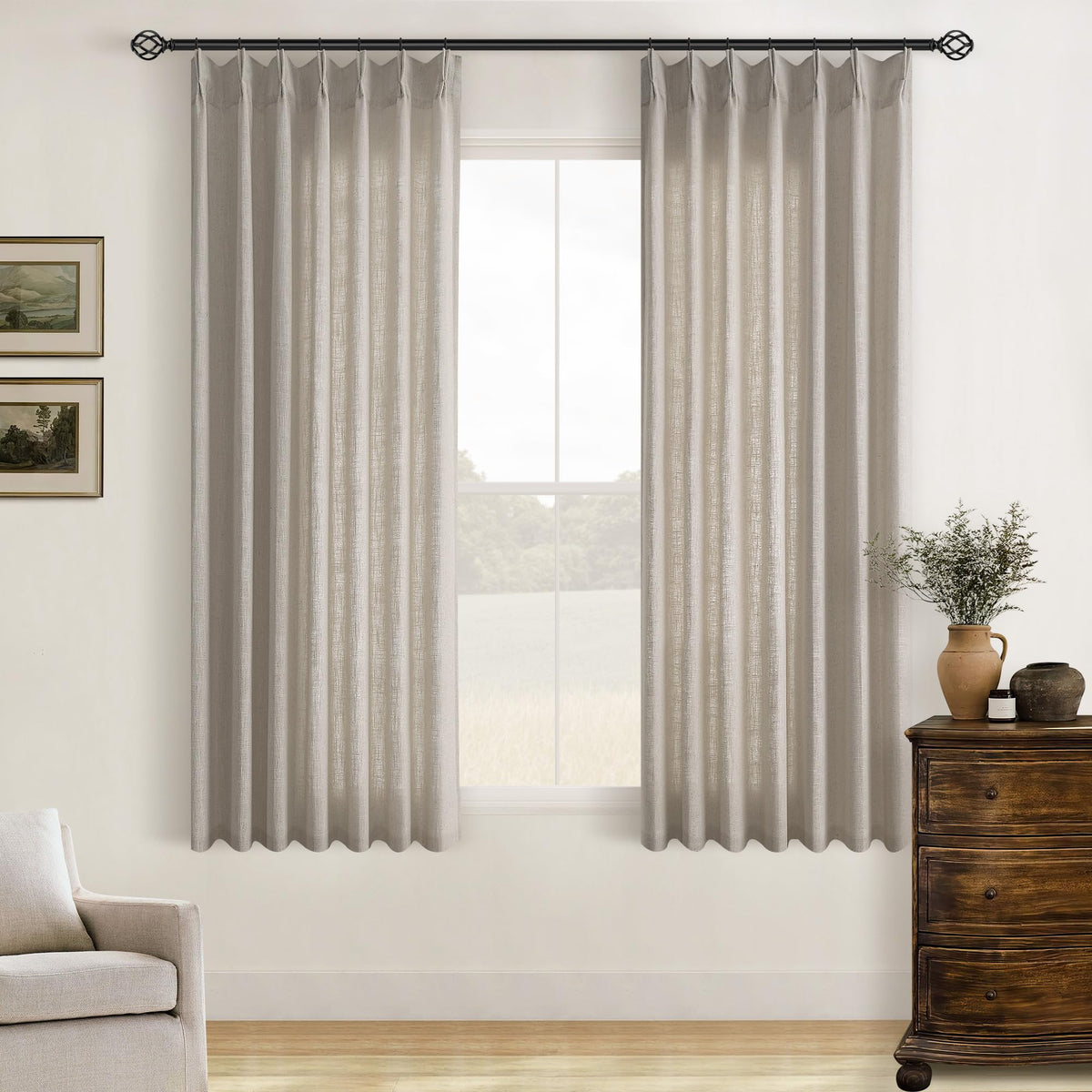 TWODRAPES Natural Pinch Pleated Linen Semi Sheer 84 Inch Curtains 2 Panels