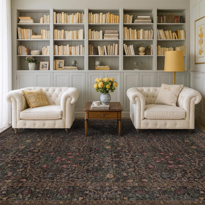 Floral Dark Green Washable Area Rugs 8x10, Vintage Living Room Rug